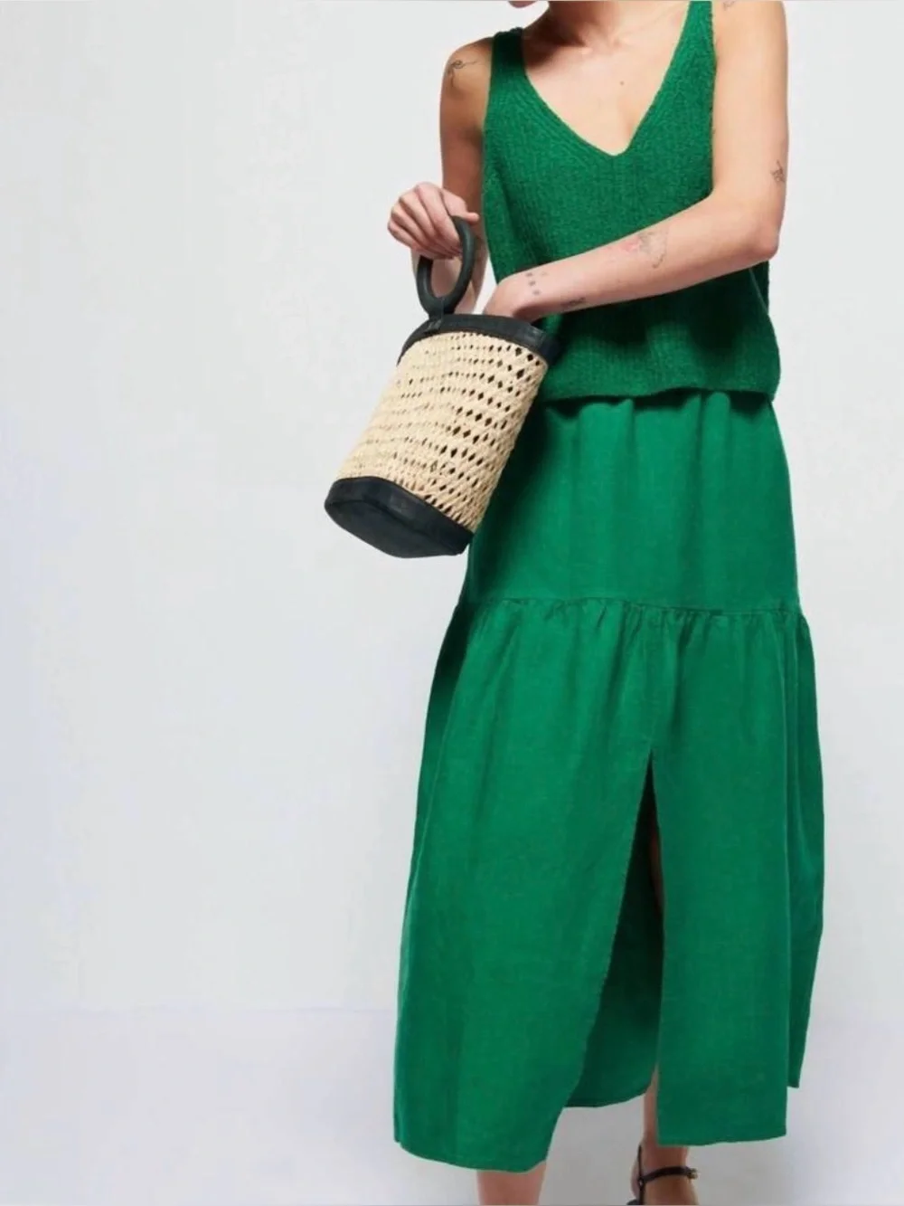 NATION LTD Esmeralda Skirt 100% Linen in Verdant Green Size L
